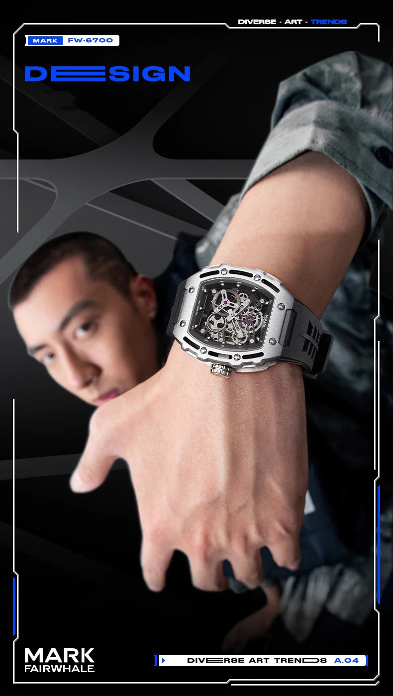 Luxury Fashion Men Original Automatic Watch Man Brand Mark Fairwhale Sports Tonneau Skeleton Mechanical Wrist Watches Reloj 2023