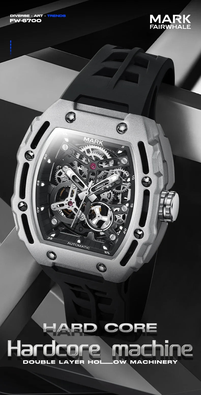 Luxury Fashion Men Original Automatic Watch Man Brand Mark Fairwhale Sports Tonneau Skeleton Mechanical Wrist Watches Reloj 2023