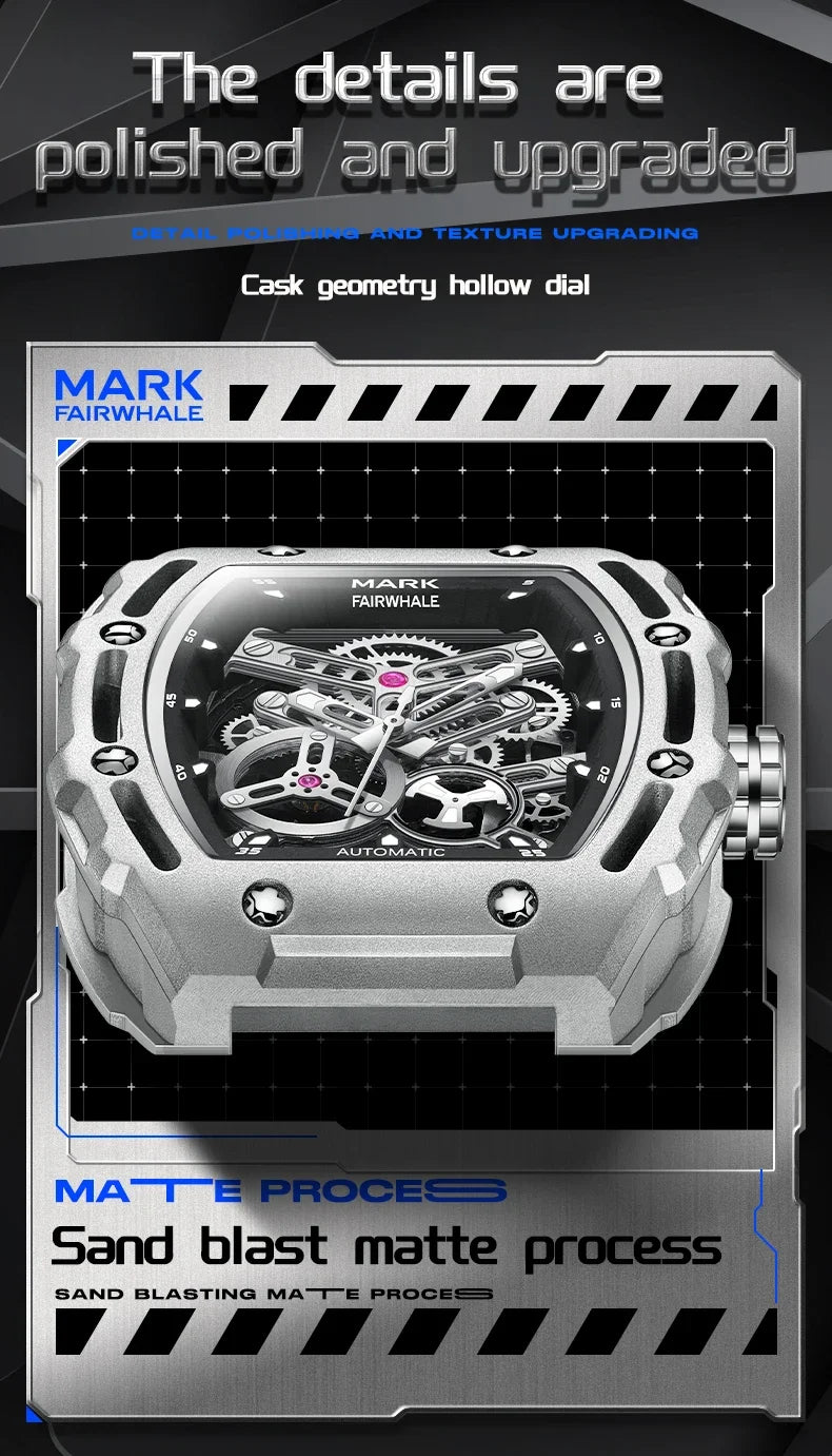 Luxury Fashion Men Original Automatic Watch Man Brand Mark Fairwhale Sports Tonneau Skeleton Mechanical Wrist Watches Reloj 2023