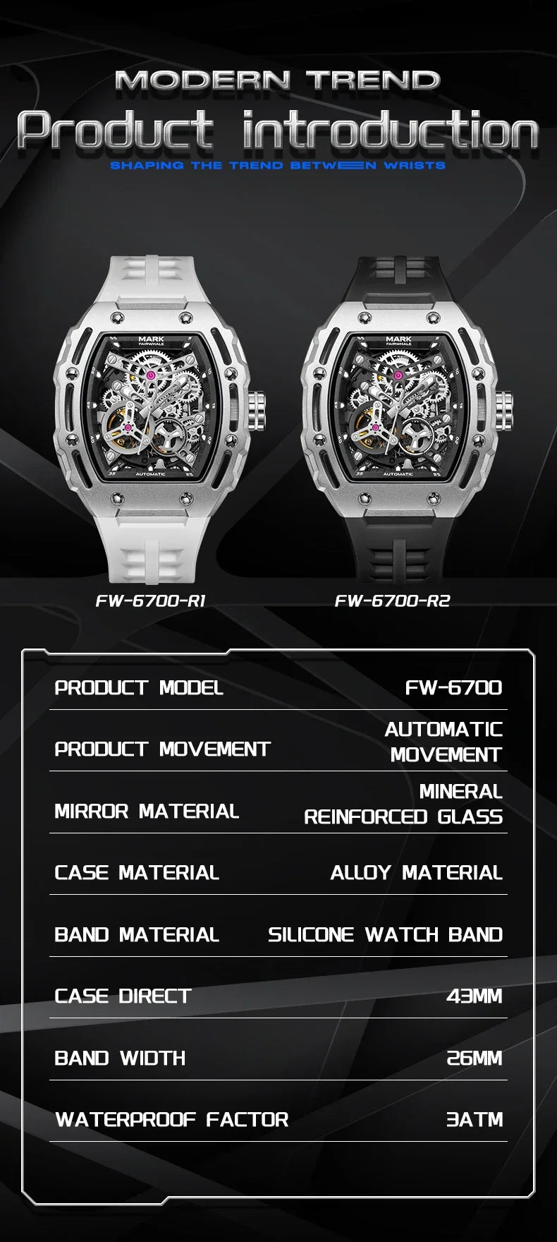 Luxury Fashion Men Original Automatic Watch Man Brand Mark Fairwhale Sports Tonneau Skeleton Mechanical Wrist Watches Reloj 2023