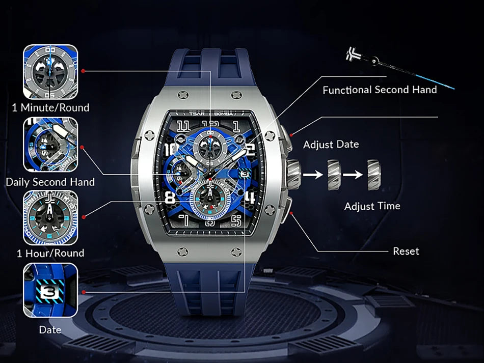 TSAR BOMBA Tonneau Mens Watch Rubber strap Sapphire Skeleton Chronograph Quartz Clock Waterproof Luxury Wristwatch for Male