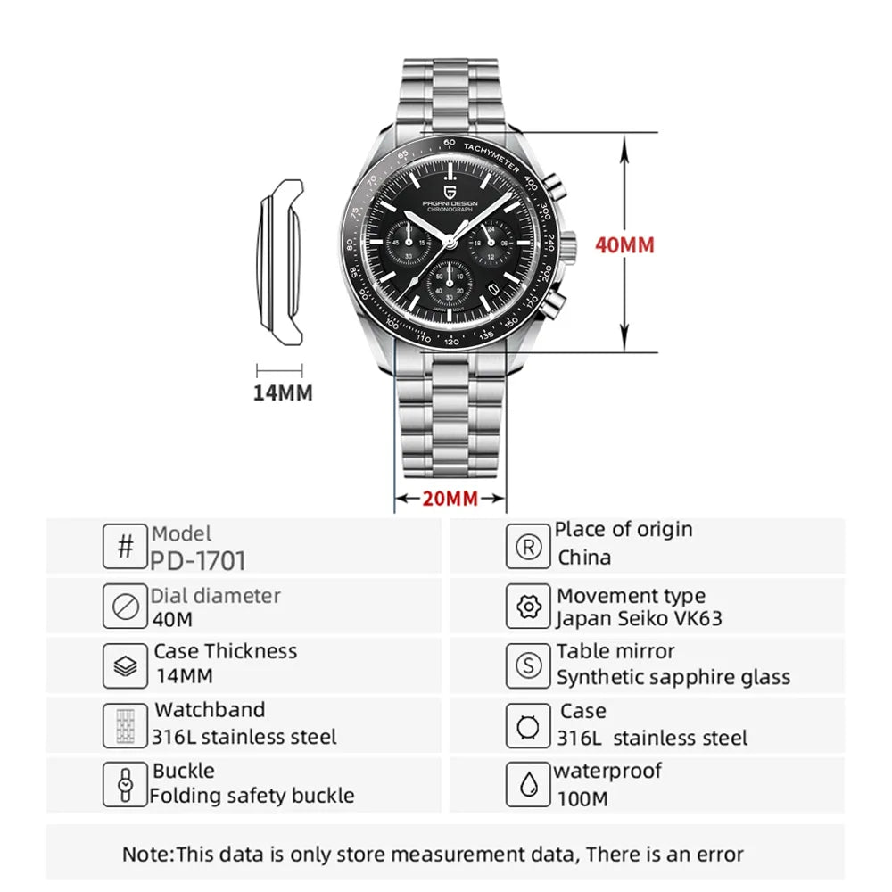 PAGANI DESIGN 2023 New Moon Mens Quartz Watches Stainless Steel Waterproof Sports Chronograph Wrist Watch For Men Sapphire Glass