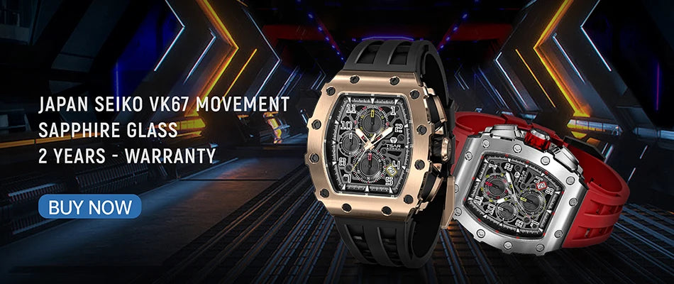 TSAR BOMBA Tonneau Mens Watch Rubber strap Sapphire Skeleton Chronograph Quartz Clock Waterproof Luxury Wristwatch for Male