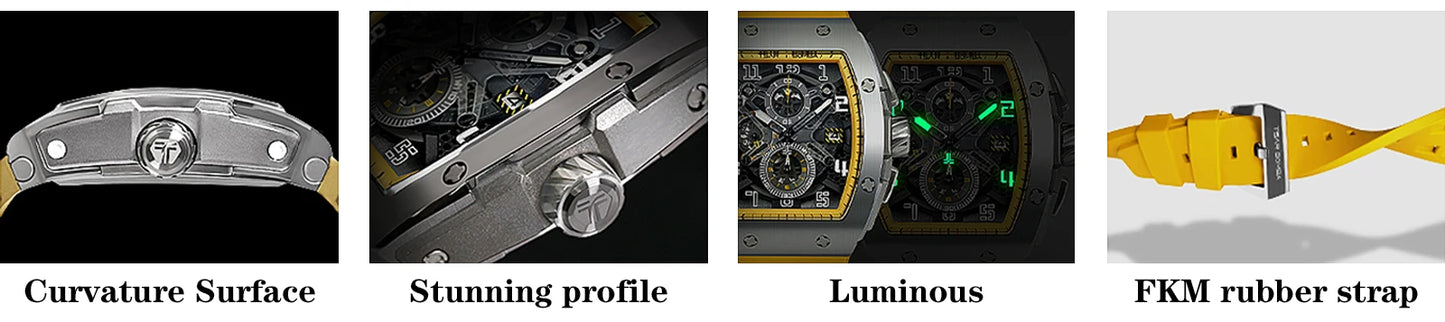 TSAR BOMBA Tonneau Mens Watch Rubber strap Sapphire Skeleton Chronograph Quartz Clock Waterproof Luxury Wristwatch for Male