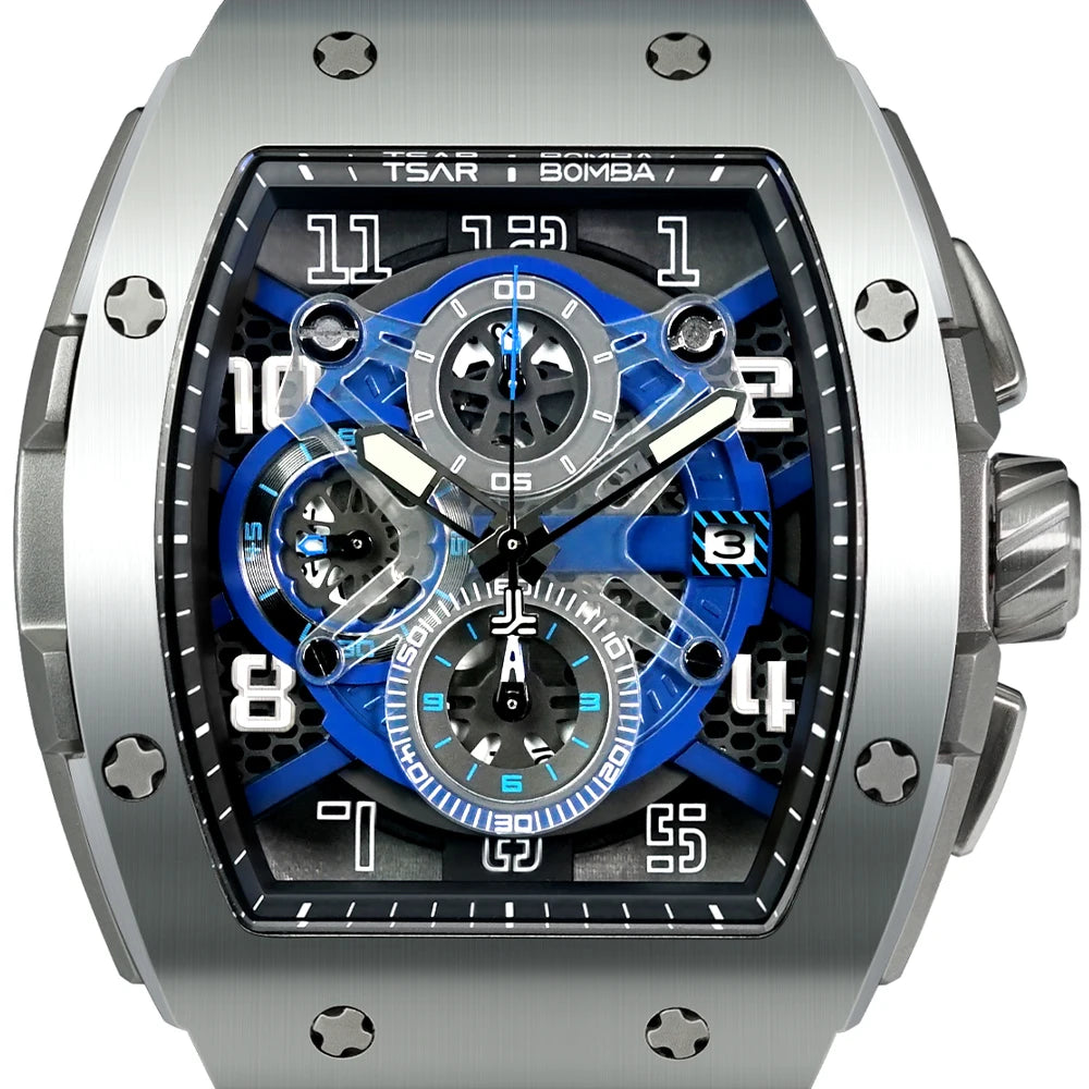 TSAR BOMBA Tonneau Mens Watch Rubber strap Sapphire Skeleton Chronograph Quartz Clock Waterproof Luxury Wristwatch for Male