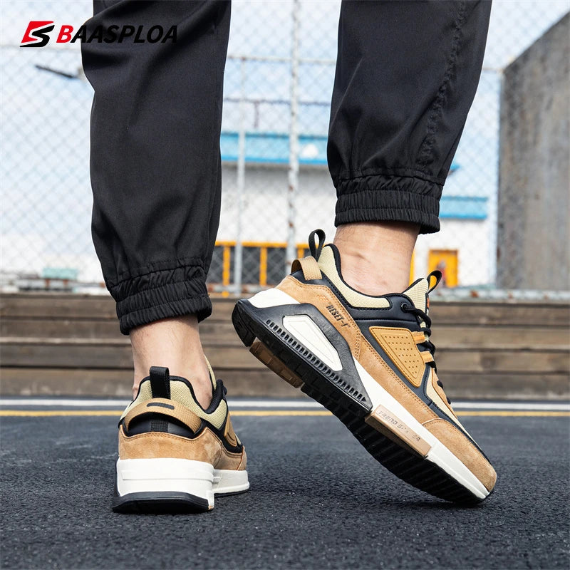 Baasploa Men Casual Waterproof Running Shoes Fashion Leather Skateboard Shoes Non-slip Wear-resistant Male Sport Shoes New