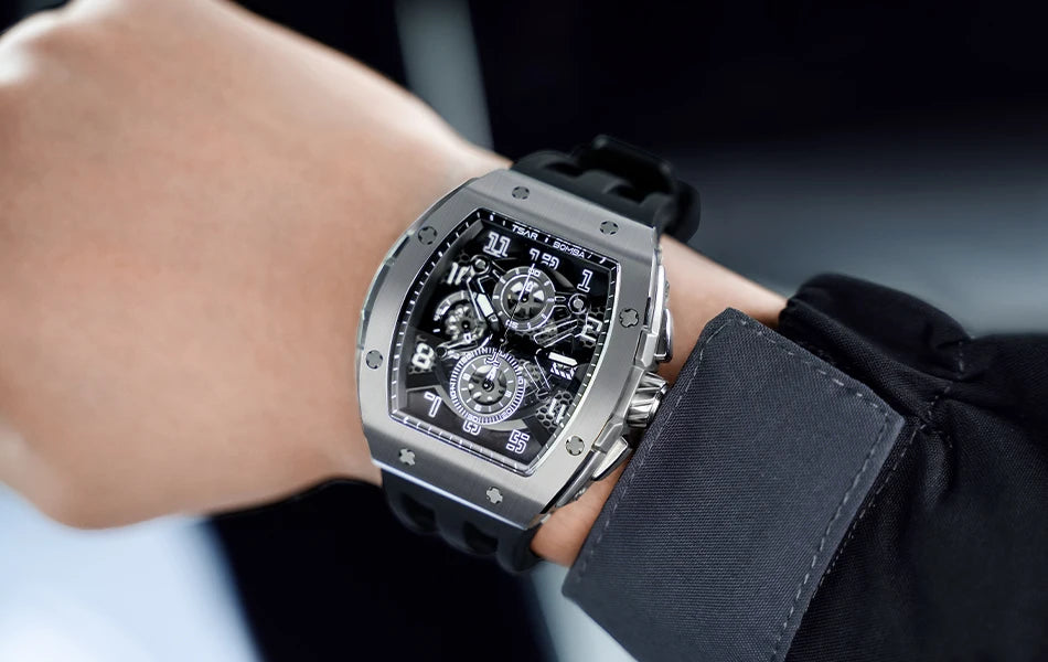 TSAR BOMBA Tonneau Mens Watch Rubber strap Sapphire Skeleton Chronograph Quartz Clock Waterproof Luxury Wristwatch for Male