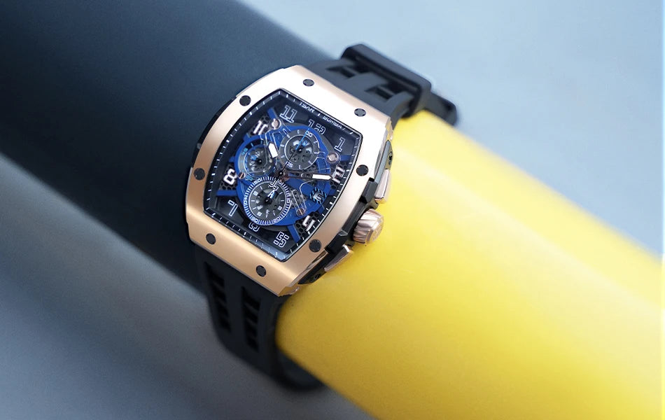 TSAR BOMBA Tonneau Mens Watch Rubber strap Sapphire Skeleton Chronograph Quartz Clock Waterproof Luxury Wristwatch for Male