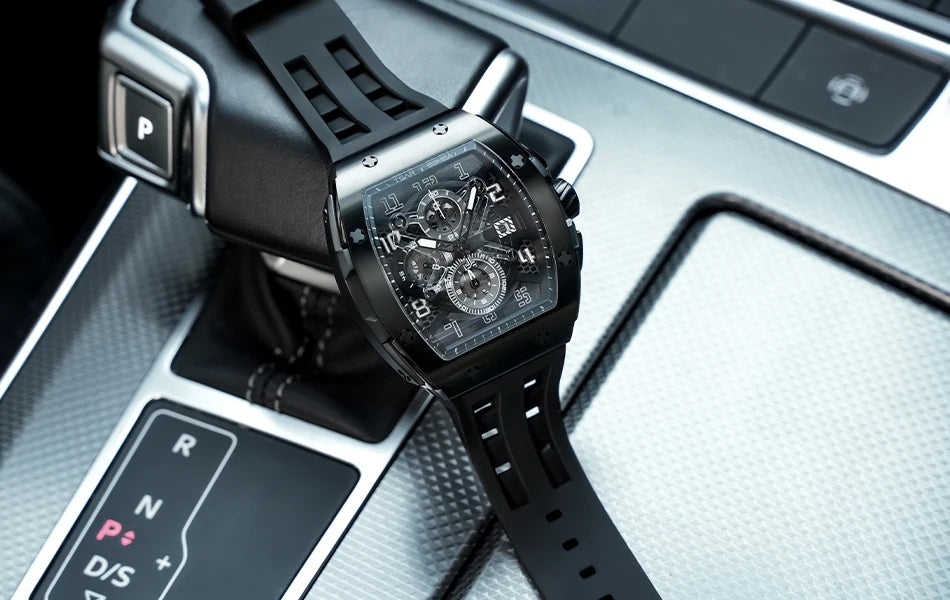 TSAR BOMBA Tonneau Mens Watch Rubber strap Sapphire Skeleton Chronograph Quartz Clock Waterproof Luxury Wristwatch for Male