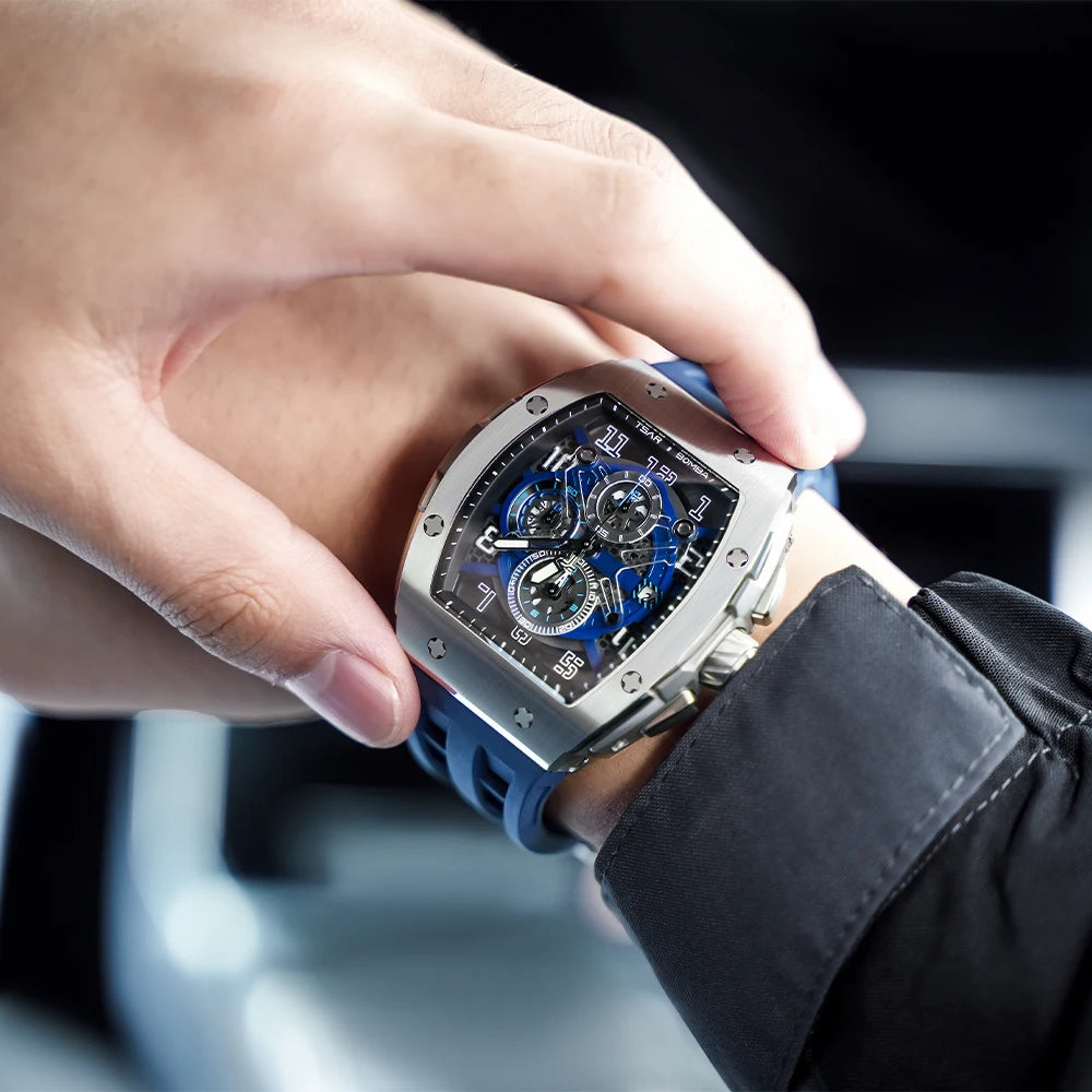TSAR BOMBA Tonneau Mens Watch Rubber strap Sapphire Skeleton Chronograph Quartz Clock Waterproof Luxury Wristwatch for Male