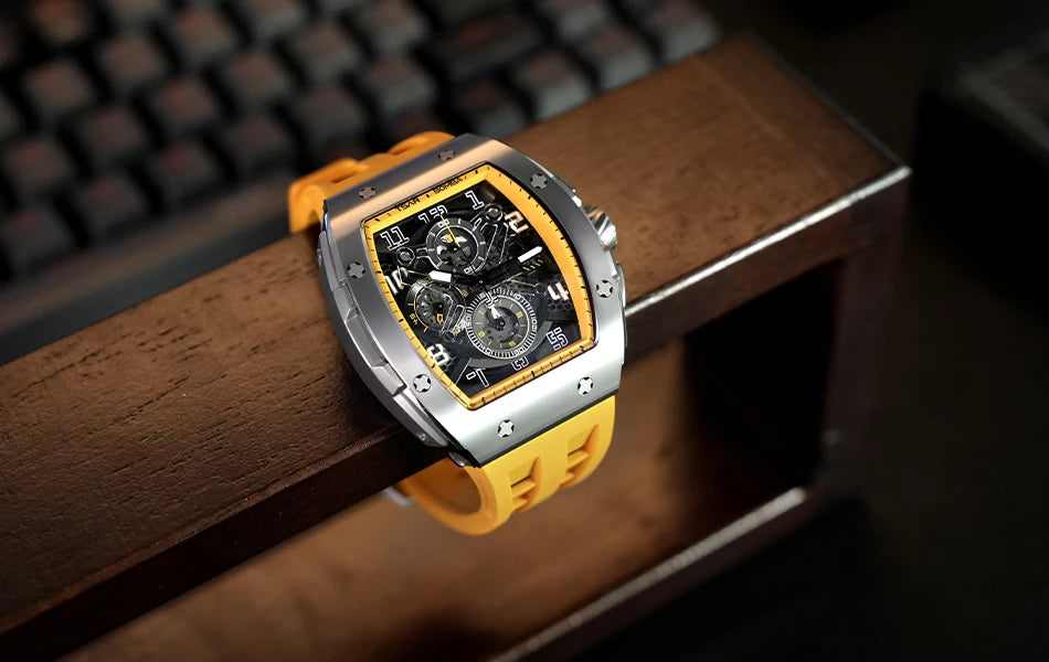TSAR BOMBA Tonneau Mens Watch Rubber strap Sapphire Skeleton Chronograph Quartz Clock Waterproof Luxury Wristwatch for Male