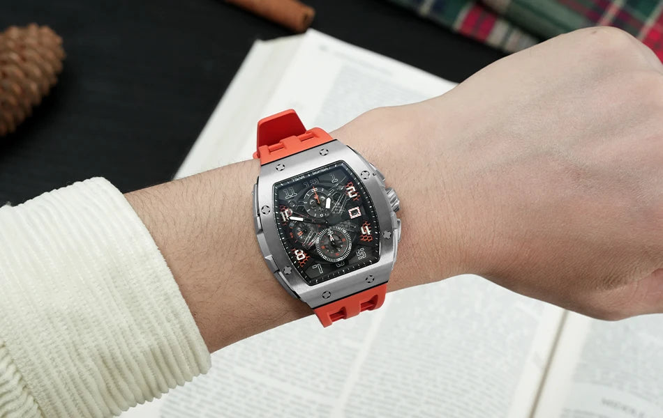 TSAR BOMBA Tonneau Mens Watch Rubber strap Sapphire Skeleton Chronograph Quartz Clock Waterproof Luxury Wristwatch for Male