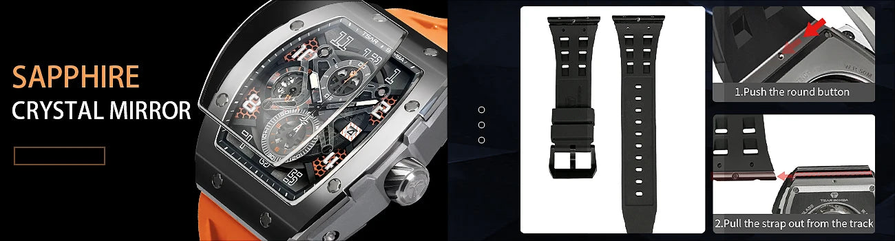 TSAR BOMBA Tonneau Mens Watch Rubber strap Sapphire Skeleton Chronograph Quartz Clock Waterproof Luxury Wristwatch for Male