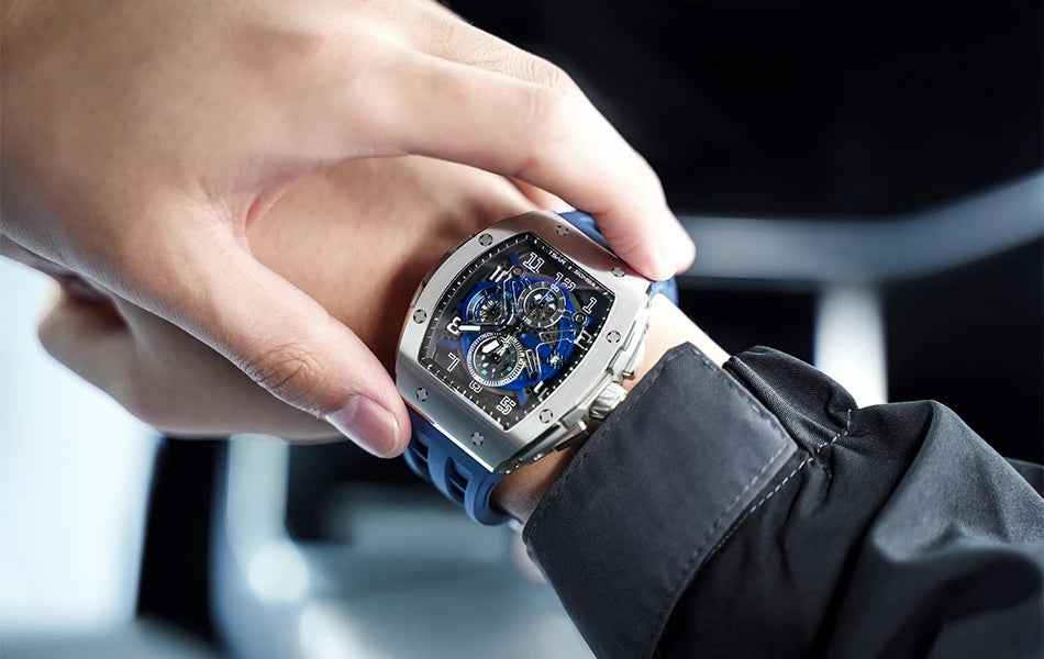 TSAR BOMBA Tonneau Mens Watch Rubber strap Sapphire Skeleton Chronograph Quartz Clock Waterproof Luxury Wristwatch for Male