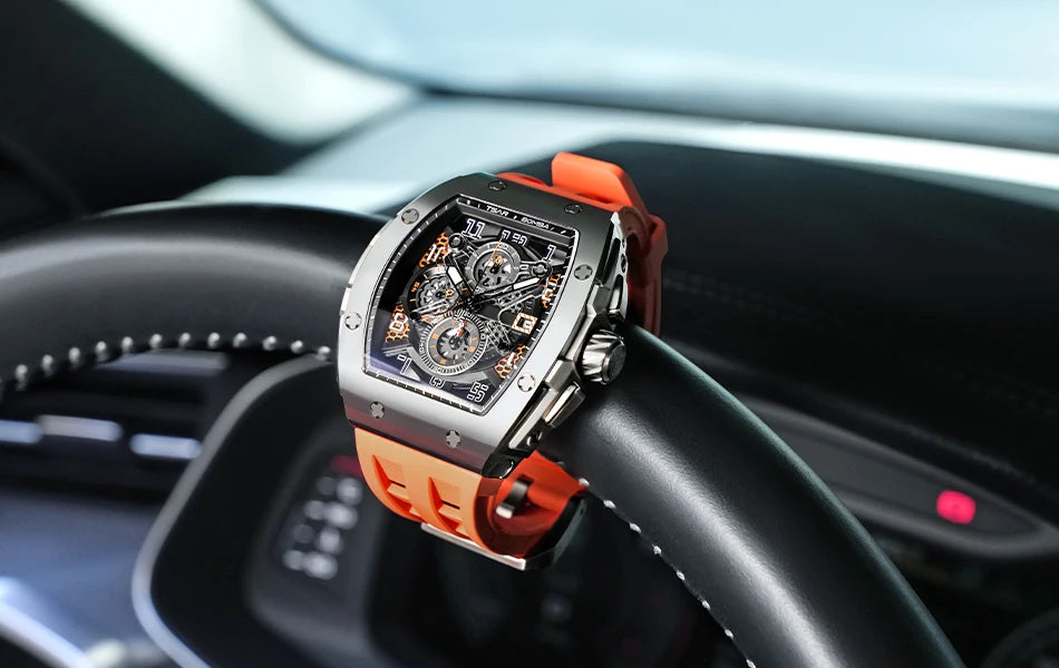 TSAR BOMBA Tonneau Mens Watch Rubber strap Sapphire Skeleton Chronograph Quartz Clock Waterproof Luxury Wristwatch for Male