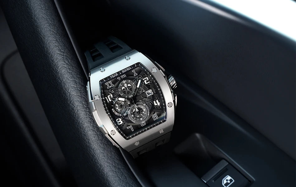 TSAR BOMBA Tonneau Mens Watch Rubber strap Sapphire Skeleton Chronograph Quartz Clock Waterproof Luxury Wristwatch for Male