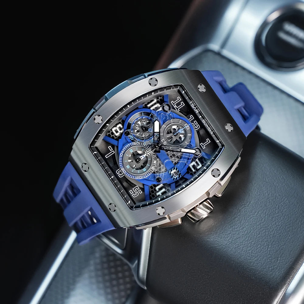 TSAR BOMBA Tonneau Mens Watch Rubber strap Sapphire Skeleton Chronograph Quartz Clock Waterproof Luxury Wristwatch for Male