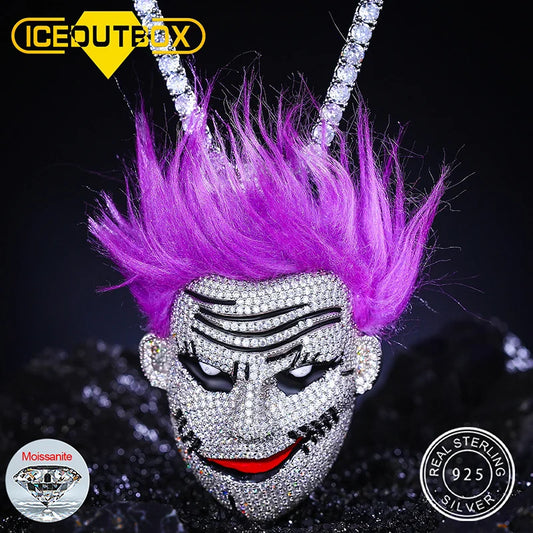 925 Sterling Silver Moissanite Fashion Clown Pendant With Purple Hair Men and Women Personality Wild Punk Necklace Jewelry Gift