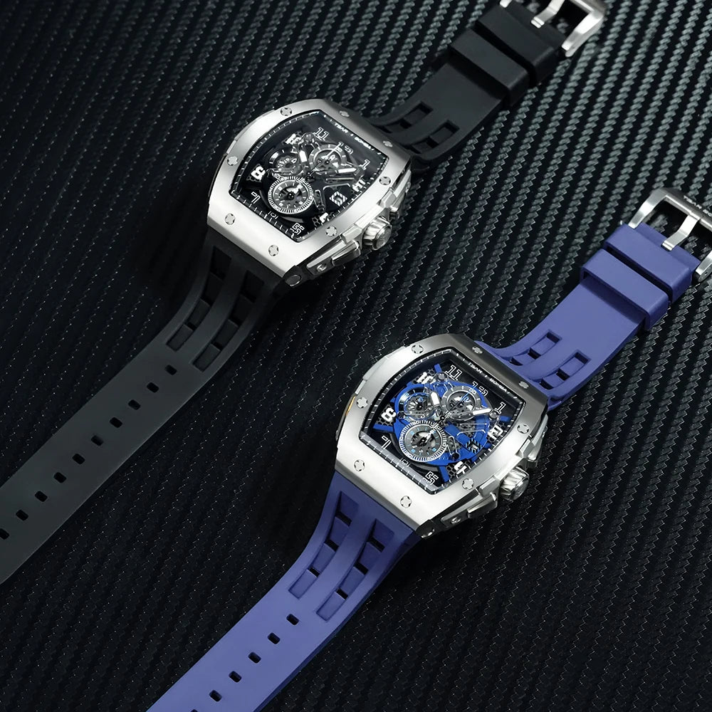 TSAR BOMBA Tonneau Mens Watch Rubber strap Sapphire Skeleton Chronograph Quartz Clock Waterproof Luxury Wristwatch for Male