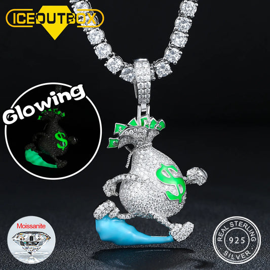 S925 Silver Fashion Personality Glowing Escape Dollar Money Bag Pendant Necklaces D Color VVS Creativity Hip Hop Jewelry Gifts