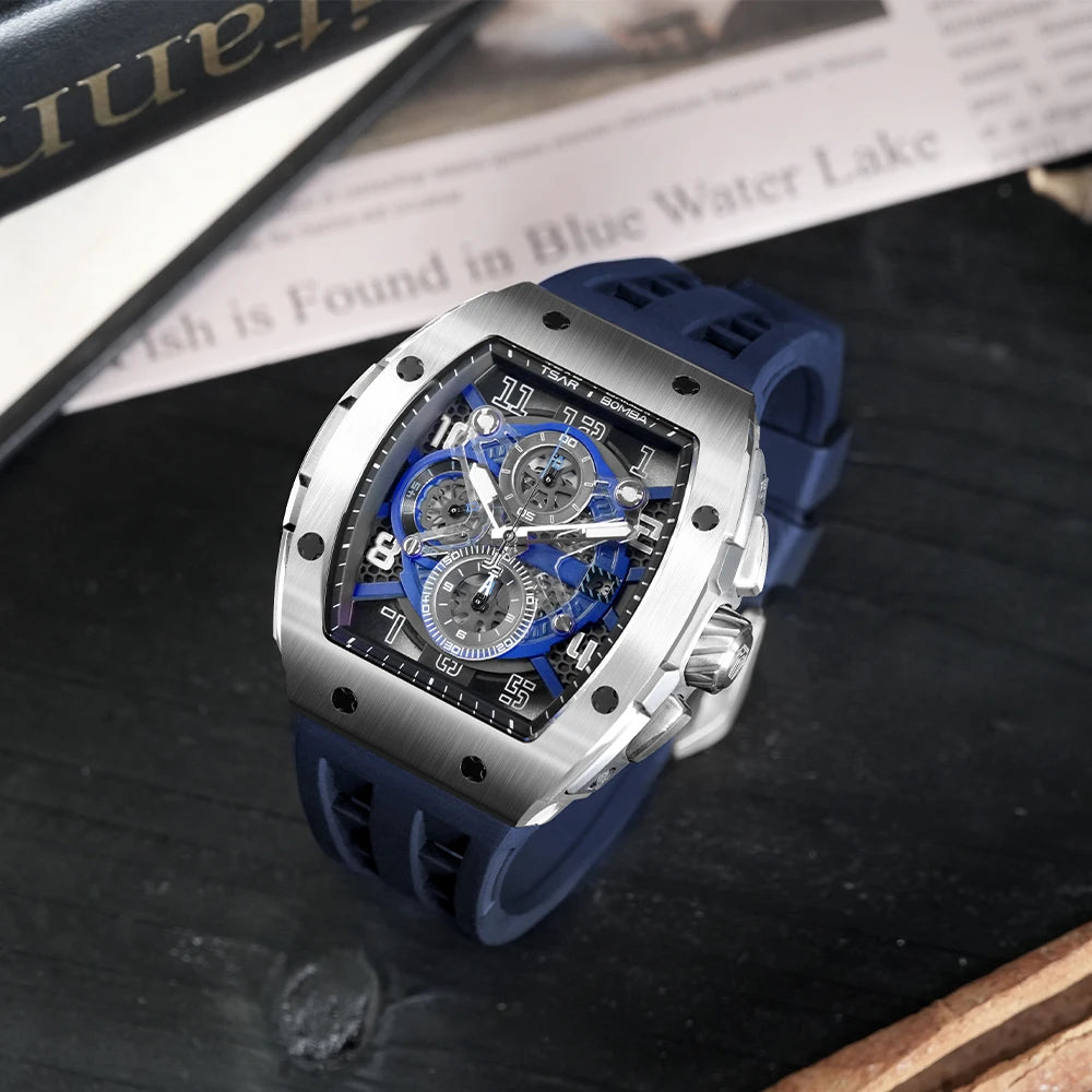 TSAR BOMBA Tonneau Mens Watch Rubber strap Sapphire Skeleton Chronograph Quartz Clock Waterproof Luxury Wristwatch for Male
