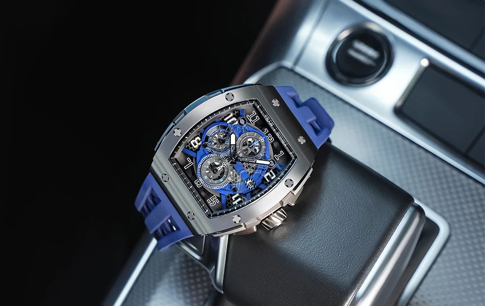TSAR BOMBA Tonneau Mens Watch Rubber strap Sapphire Skeleton Chronograph Quartz Clock Waterproof Luxury Wristwatch for Male