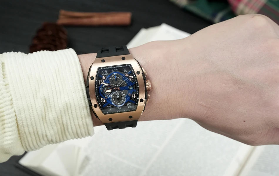 TSAR BOMBA Tonneau Mens Watch Rubber strap Sapphire Skeleton Chronograph Quartz Clock Waterproof Luxury Wristwatch for Male