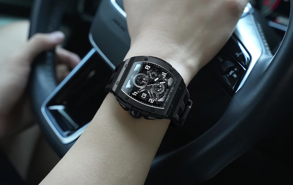 TSAR BOMBA Tonneau Mens Watch Rubber strap Sapphire Skeleton Chronograph Quartz Clock Waterproof Luxury Wristwatch for Male