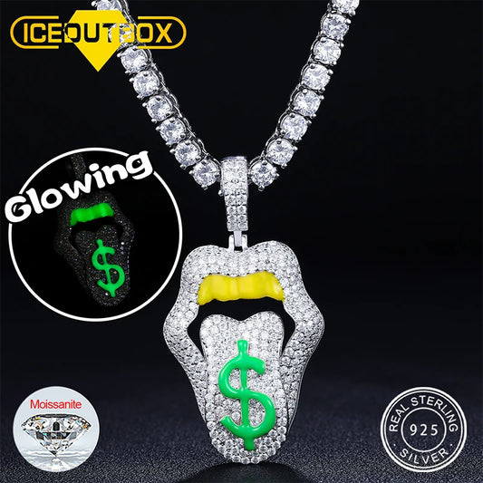 Hip Hop Iced Out Moissanite Sexy Mouth Lip Dripping Money Dollar Pendant NecklaceS 925 Silver Glowing In Dark Men Women Jewelry