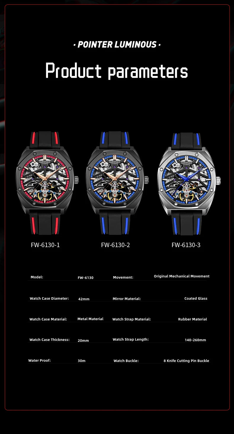 Automatic Watches Men Original Hollow Out Mechanical Wristwatches Silicone Strap Sports Waterproof Clocks Fashion Mark Fairwhale