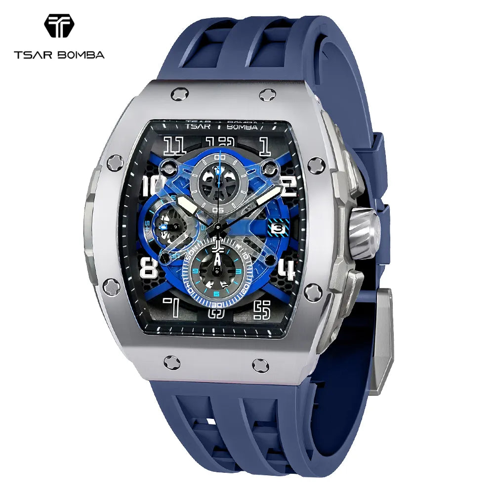 TSAR BOMBA Tonneau Mens Watch Rubber strap Sapphire Skeleton Chronograph Quartz Clock Waterproof Luxury Wristwatch for Male