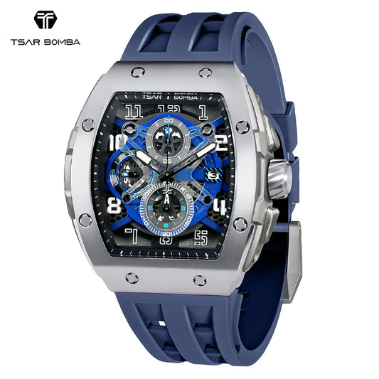 TSAR BOMBA Tonneau Mens Watch Rubber strap Sapphire Skeleton Chronograph Quartz Clock Waterproof Luxury Wristwatch for Male