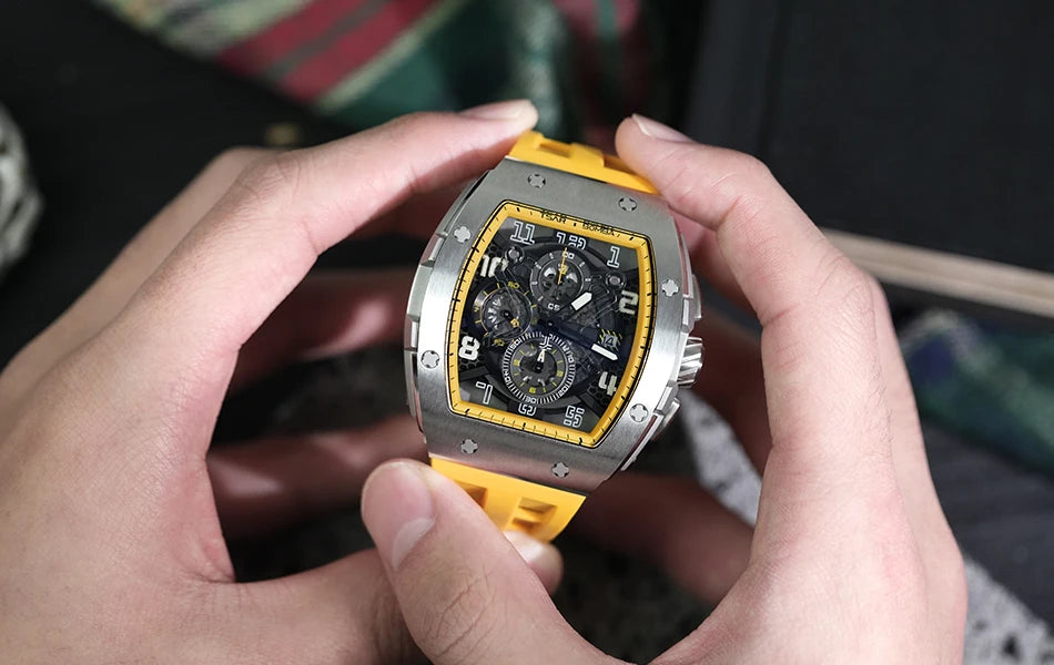 TSAR BOMBA Tonneau Mens Watch Rubber strap Sapphire Skeleton Chronograph Quartz Clock Waterproof Luxury Wristwatch for Male