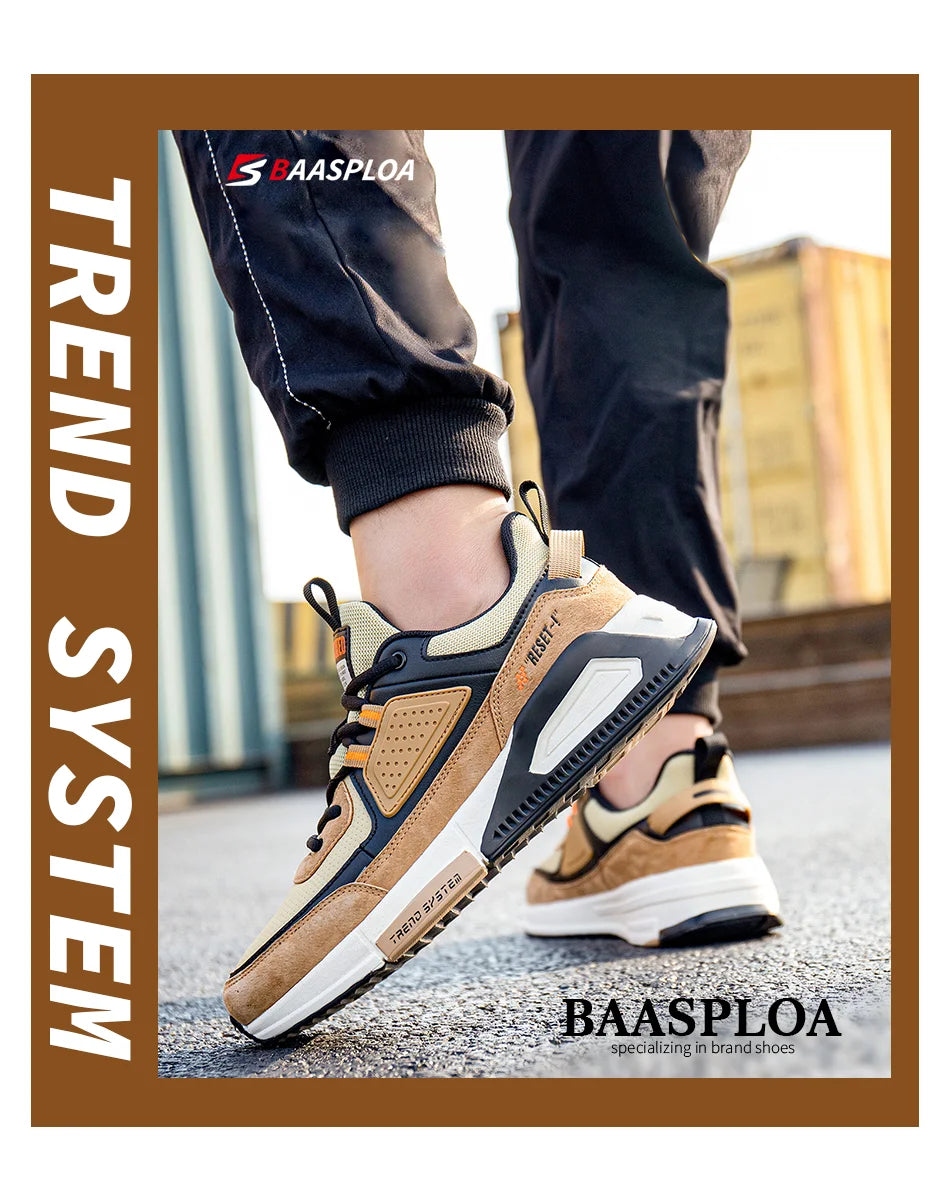 Baasploa Men Casual Waterproof Running Shoes Fashion Leather Skateboard Shoes Non-slip Wear-resistant Male Sport Shoes New